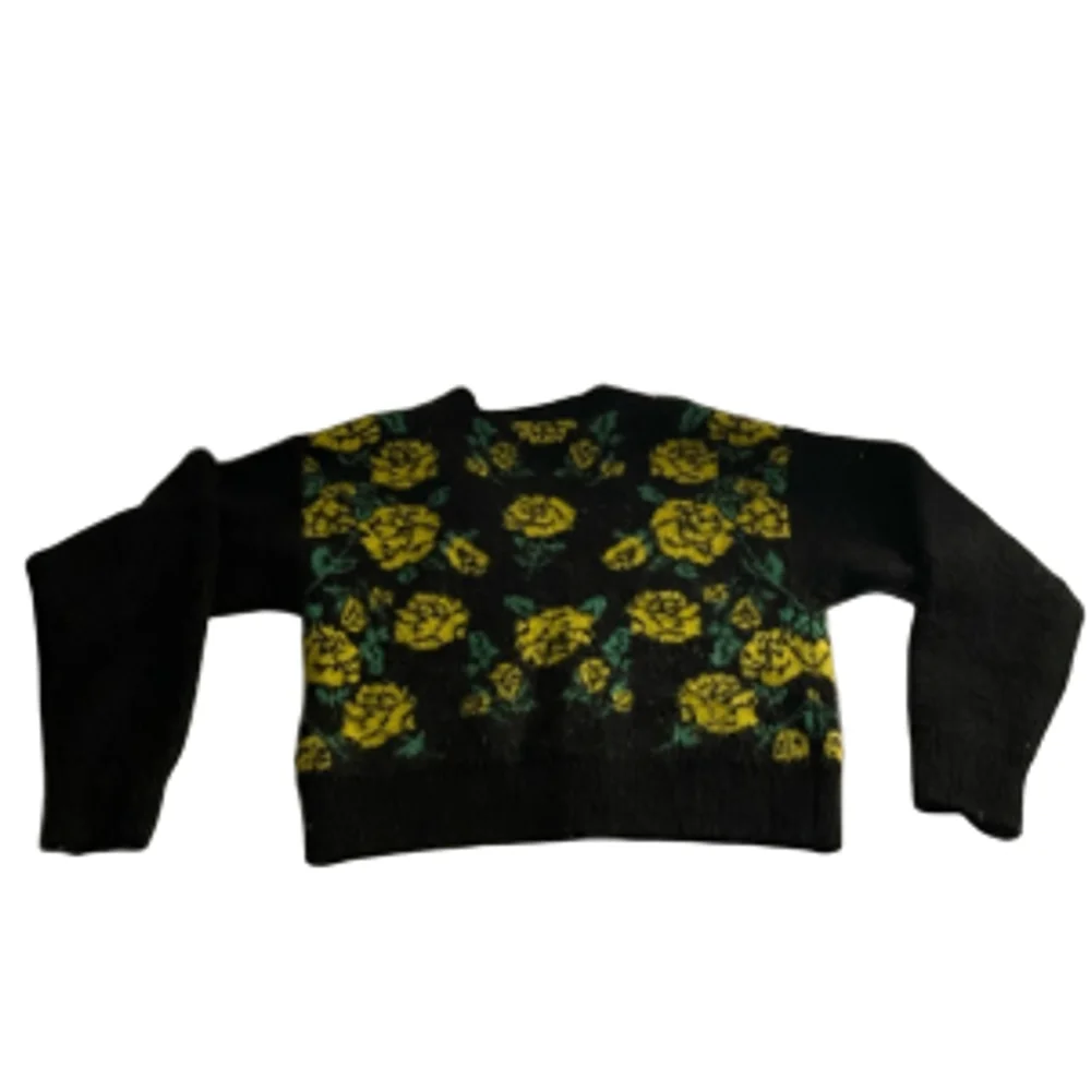 Grunge Floral Cropped Y2K Knit Cardigan Black Yellow Rose Forever 21 Small - Picture 6 of 6